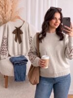 Elorivane Plus Floral Bow Decor Curve Hem Pullover Sweater, White Fall Top - Image 2