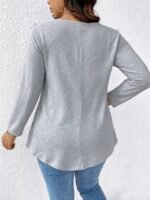 Elorivane Plus Size Mesh Patchwork V-Neck Long Sleeve T-Shirt Elegant Minimalist for Fall Commute Casual Wear - Image 20