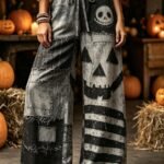 Elorivane Plus Size Women Halloween Pumpkin Spider Web Drawstring Wide Leg Pants, Retro Printed Trousers