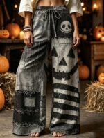 Elorivane Plus Size Women Halloween Pumpkin Spider Web Drawstring Wide Leg Pants, Retro Printed Trousers