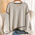 Elorivane Plus Size Apricot Sweater, Cross-Stitch Drop Shoulder Loose Pullover, Minimalist Autumn Winter Casual Top