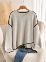 Elorivane Plus Size Apricot Sweater, Cross-Stitch Drop Shoulder Loose Pullover, Minimalist Autumn Winter Casual Top