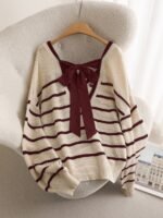 Elorivane Plus Size Striped Sweater, V-Neck Long Sleeve Pullover with Bow Back, Autumn Winter Casual Top - Image 6