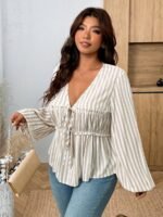 Elorivane Plus Size Blue Ditsy Floral Blouse, V-Neck Tie Long Sleeve Top, Romantic Fall Daily Home Wear - Image 29