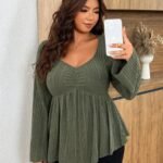 Elorivane Plus Size Solid Pleated Top, Versatile Long Sleeve Tee, Fall Winter Office Daily Going Out Wear