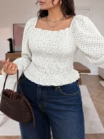 Elorivane Plus Size Polka Dot Blouse, Square Neck Long Sleeve Top, Fall Winter Daily Work Going Out Wear - Image 5
