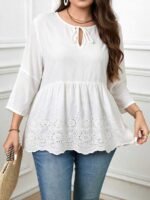 Elorivane Plus Size Navy Blue 90s Vintage Floral Print Peplum Shirt Boho Vacation Top for Summer Casual Wear - Image 17