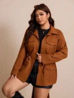 Elorivane Plus Size Flap Pocket Drawstring Waist Jacket, Barn Style Outerwear, Fall Winter Casual Wear - Image 20