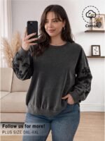 Elorivane Plus Size Floral Embroidery Sweatshirt, Crew Neck Long Sleeve Elegant Top, Spring Fall - Image 3