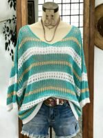 Elorivane Plus Size Contrast Stripe Knit Top, Round Neck Cutout Crochet Detail Loose Fit, Fall Casual Wear - Image 3