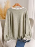 Elorivane Plus Size Knit Sweater, Daisy Ruffle Patchwork French Style, Embroidered Trim Versatile Autumn Winter Pullover Top - Image 3