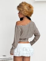 Elorivane Women Green Striped Asymmetrical Shoulder Top, Stretchy Long Sleeve Y2K Streetwear Tee - Image 28