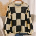 Elorivane Plus Size Black Yellow Color Block Sweater, Double Layer Round Neck Long Sleeve Versatile Spring Summer Autumn Top