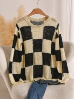 Elorivane Plus Size Black Yellow Color Block Sweater, Double Layer Round Neck Long Sleeve Versatile Spring Summer Autumn Top