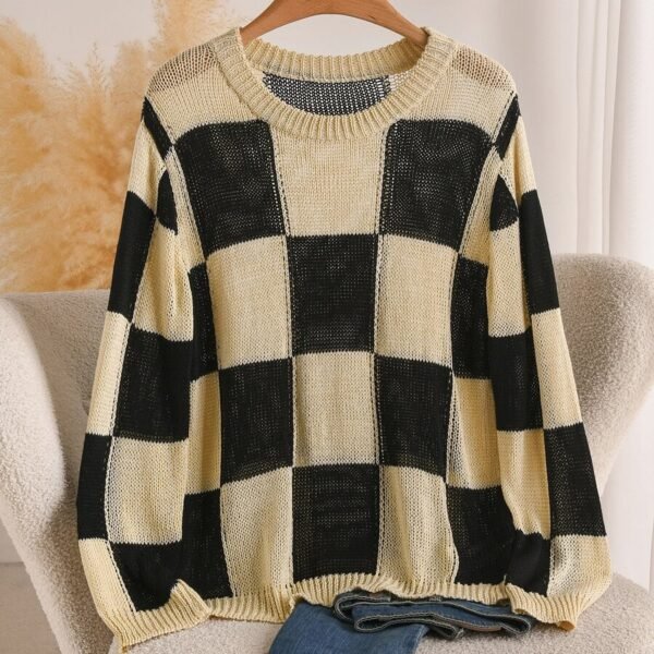 Elorivane Plus Size Black Yellow Color Block Sweater, Double Layer Round Neck Long Sleeve Versatile Spring Summer Autumn Top