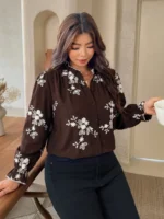 Elorivane Plus Size Brown Floral Embroidered Shirt, Elegant Versatile Top for Office Brunch Evening, Autumn Casual Wear - Image 7