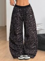 Elorivane Women Black Leopard Patchwork Parachute Pants, Baggy Preppy Hippie Streetwear Trousers - Image 13