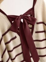 Elorivane Plus Size Striped Sweater, V-Neck Long Sleeve Pullover with Bow Back, Autumn Winter Casual Top - Image 3