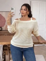 Elorivane Plus Size Open Shoulder Solid Top, Long Sleeve Casual Blouse, Fall Winter Office Daily Going Out Wear - Image 5