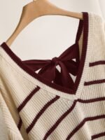 Elorivane Plus Size Striped Sweater, V-Neck Long Sleeve Pullover with Bow Back, Autumn Winter Casual Top - Image 4