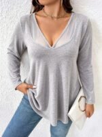 Elorivane Plus Size Mesh Patchwork V-Neck Long Sleeve T-Shirt Elegant Minimalist for Fall Commute Casual Wear - Image 22