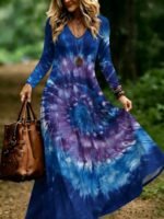 Elorivane Plus Size Women Boho Floral Geometric V-Neck Maxi Dress, Fall Casual Loose Long Sleeve Dress - Image 9