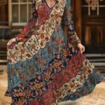 Elorivane Plus Size Women Boho Floral Geometric V-Neck Maxi Dress, Fall Casual Loose Long Sleeve Dress