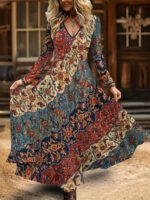 Elorivane Plus Size Women Boho Floral Geometric V-Neck Maxi Dress, Fall Casual Loose Long Sleeve Dress