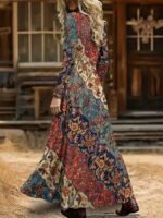 Elorivane Plus Size Women Boho Floral Geometric V-Neck Maxi Dress, Fall Casual Loose Long Sleeve Dress - Image 2