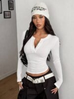 Elorivane Women Blue Rib Knit Thermal Shirt, 2-in-1 Embroidered Preppy Chic Fall Winter Button Down Top - Image 22
