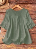 Elorivane Plus Size Women's Navy Blue Boho Blouse, Cotton Ruffle Sleeves with Bow Decor, Casual Leisure Shirt for Summer Vacation, Home, Daily Outing & Travel, Also Great for Fall Wear - Image 21