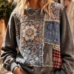 Elorivane Plus Size Women Vintage Boho Floral Plaid Patchwork Crewneck Sweatshirt, Fall Casual Loose Top