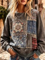 Elorivane Plus Size Women Vintage Boho Floral Plaid Patchwork Crewneck Sweatshirt, Fall Casual Loose Top