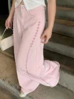 Elorivane Plus Size Pink Denim Jeans, Mid-Waist Pearl Patchwork Loose Wide Leg Casual Fall Pants - Image 6