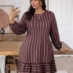 Elorivane Plus Size Coffee Brown Striped Dress, Long Sleeve Mini Dress, Fall Casual Outing Top