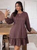 Elorivane Plus Size Coffee Brown Striped Dress, Long Sleeve Mini Dress, Fall Casual Outing Top