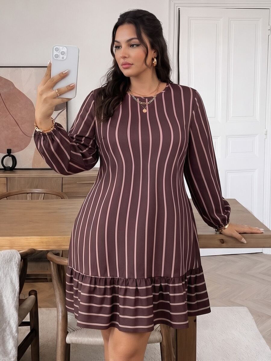 4aa5f5b14b5981bb1b43b07365de0ab35708dd4346b16a8ea9d8b0837eb87e26_thumbnail_900x Elorivane Plus Size Coffee Brown Striped Dress, Long Sleeve Mini Dress, Fall Casual Outing Top - Image 1
