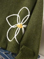 Elorivane Plus Size Green Sweater, 3D Floral Embroidered Knit Pullover, Cute French Style Autumn Winter Date Top - Image 6