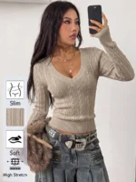 Elorivane Women Brown Vintage Sweater, Preppy Y2K Old Money Casual Fall Winter Pullover - Image 7