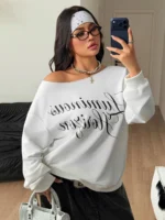 Elorivane Women Plus Size Grey Wash Sweatshirt, Asymmetrical Shoulder Grommet Long Sleeve Y2K Fall Winter Top - Image 38