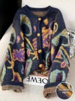 Elorivane Plus Size Fair Isle Floral Gem Button Crew Neck Knit Cardigan