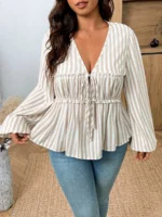 Elorivane Plus Size Blue Ditsy Floral Blouse, V-Neck Tie Long Sleeve Top, Romantic Fall Daily Home Wear - Image 28