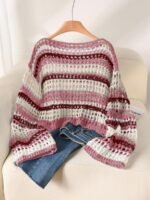 Elorivane Plus Size Blue White Striped Sweater, Hollow Out Boat Neck Cropped Long Sleeve, Fall Winter Loose Top - Image 11