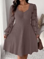 Elorivane Plus Size Sweetheart Neck Dress, Ruched Ribbed Long Sleeve Casual Dress, Fall Wear - Image 30