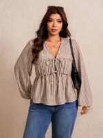Elorivane Plus Size Blue Ditsy Floral Blouse, V-Neck Tie Long Sleeve Top, Romantic Fall Daily Home Wear - Image 11