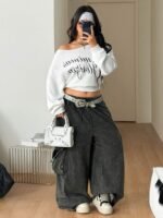 Elorivane Women Plus Size Grey Wash Sweatshirt, Asymmetrical Shoulder Grommet Long Sleeve Y2K Fall Winter Top - Image 36