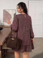 Elorivane Plus Size Coffee Brown Striped Dress, Long Sleeve Mini Dress, Fall Casual Outing Top - Image 2