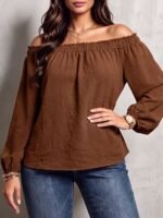 Elorivane Plus Size Loose Ruffle Off-Shoulder Smocked Lantern Sleeve Blouse for Spring Autumn Daily Versatile Wear - Image 4