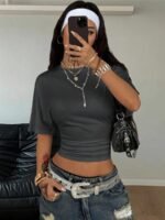 Elorivane Women Dark Grey Ruched Crop Tee, Loose Stretchy Y2K Grunge Summer Streetwear Top - Image 8