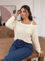 Elorivane Plus Size Open Shoulder Solid Top, Long Sleeve Casual Blouse, Fall Winter Office Daily Going Out Wear - Image 3